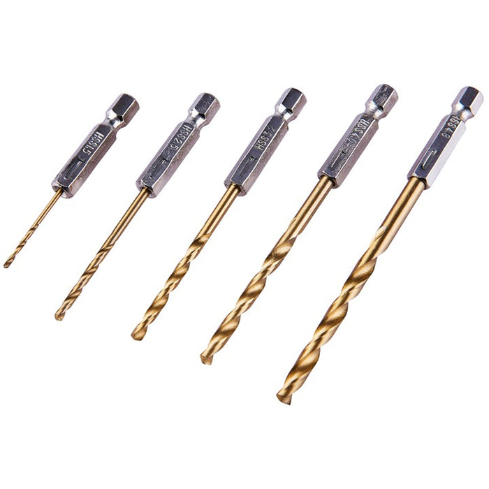 5 Piece  6.25mm (1/4") Titanium coated high speed steel (HSS) drill bit set