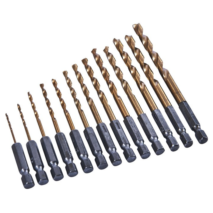 13 Piece 6.25mm (1/4") Titanium coated high speed steel (HSS) drill bit set